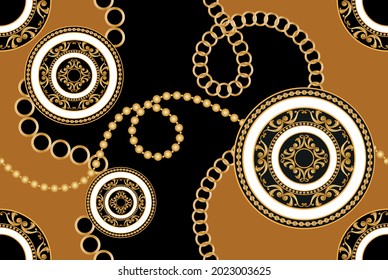 Seamless gold chains with baroque pattern on black. Vector Illustration.