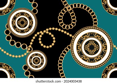 Seamless gold chains with baroque pattern on black. Vector Illustration.
