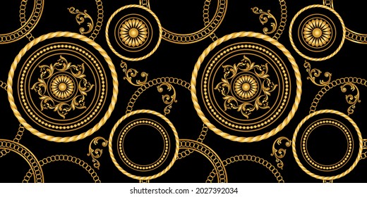 Seamless Gold Chains with Baroque Pattern. Vector Illustration.
