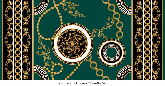 Seamless Gold Chains with Baroque Pattern. Vector Illustration.
