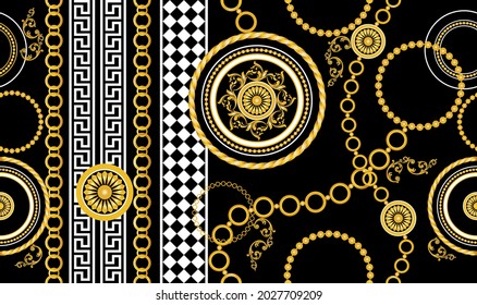 Seamless Gold Chains with Baroque Pattern. Vector design for Fashion Prints and Backgrounds.
