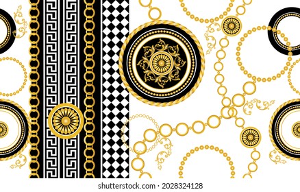 Seamless Gold Chains with Baroque Pattern. Vector Illustration.
