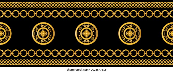 Nahtlose Goldketten mit barocken Mustern. Vektorgrafik.
