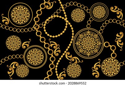 Seamless Gold Chains with Baroque Pattern. Vector Illustration.
