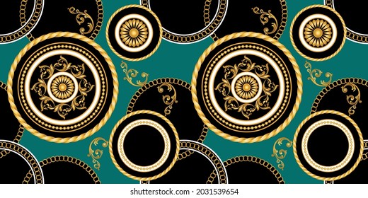 Seamless Gold Chains with Baroque Pattern on Black. Vector Illustration.
