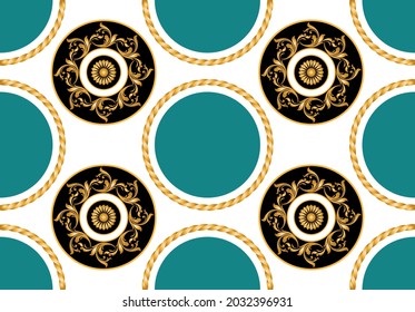 Seamless Gold Chains with Baroque Pattern on White. Vector Illustration.
