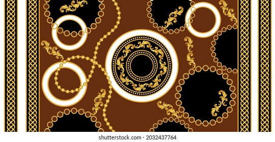 Seamless Gold Chains with Baroque Pattern on Black. Vector Illustration.
