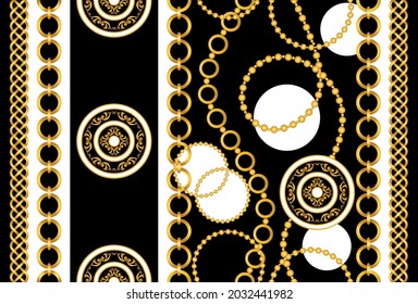 Seamless Gold Chains with Baroque Pattern on Black. Vector Illustration.
