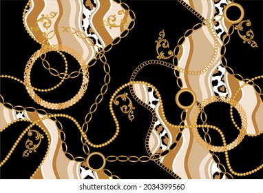 Seamless Gold Chains with Baroque Pattern on Black. Vector Illustration.
