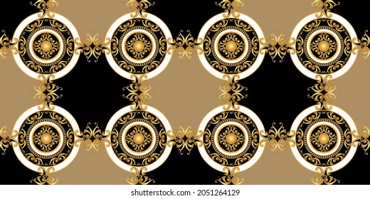 Seamless Gold Chains, Baroque Pattern on Black. Vector design for fashion prints and backgrounds.
