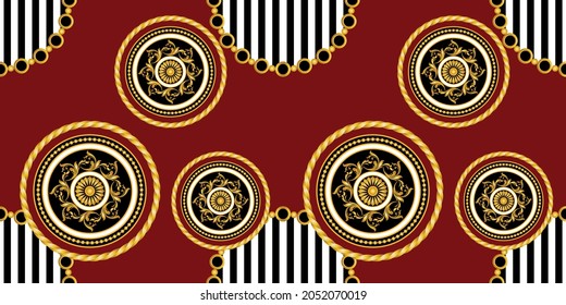 Seamless Gold Chains, Baroque Pattern on Red. Vector design for fashion prints and backgrounds.
