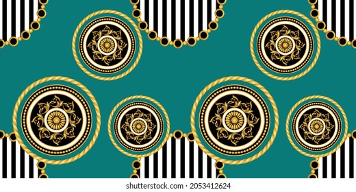 Cadenas de oro sin foco, patrón barroco en verde. Diseño de vectores para impresiones y fondos de moda.
