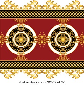 Seamless Gold Chains, Baroque Pattern on Red. Vector design for fashion prints and backgrounds.
