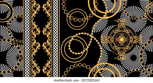 Seamless Gold Chains, Baroque Pattern on Black.  Vector design for fashion prints and backgrounds