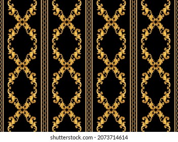 Seamless Gold Chains, Baroque Pattern on Black.  Vector design for fashion prints and backgrounds.
