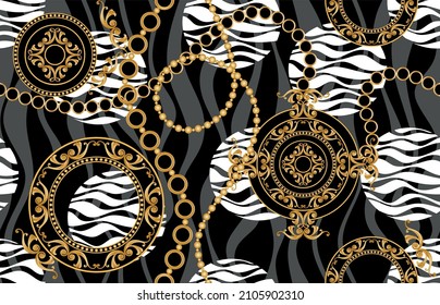 Seamless gold chains with floral baroque pattern on black.