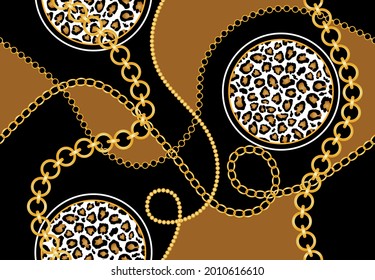 Seamless gold chains with leopard pattern.Vector design for fashion print and backgrounds.
