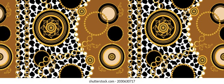 Cadenas doradas sin foco, piel de leopardo con patrón barroco sobre negro. Ilustración vectorial.
