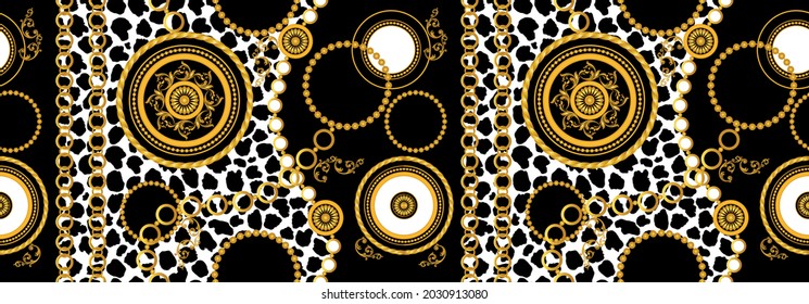 Seamless Gold Chains, Leopard skin with Baroque Pattern on Black. Vector Illustration.
