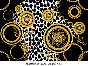 Seamless Gold Chains, Leopard skin with Baroque Pattern on Black. Vector Illustration.
