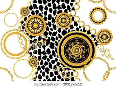 Seamless Gold Chains, Leopard skin with Baroque Pattern on White. Vector Illustration.
