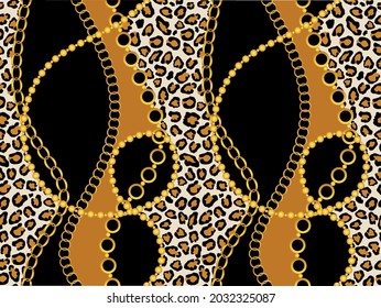 Nahtlose Goldketten, Leopardenhaut mit barockem Muster auf Schwarz. Vektorgrafik.

