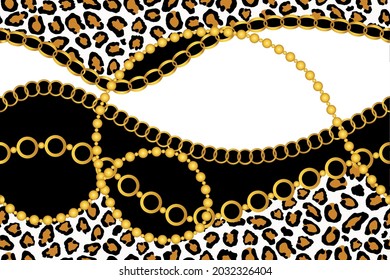 Seamless Gold Chains with Leopard skin on Black. Vector Illustration.
