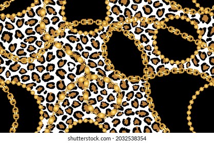 Seamless Gold Chains with Leopard skin on Black. Vector Illustration.
