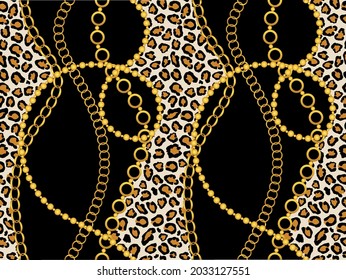 Seamless Gold Chains with Leopard skin on Black. Vector Illustration.
