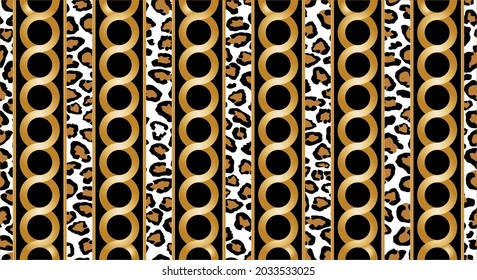 Cadenas de oro sin foco con piel de leopardo sobre negro. Ilustración vectorial.
