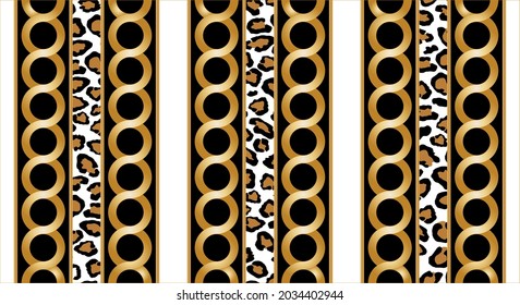 Seamless Gold Chains with Leopard skin on Black. Vector Illustration.
