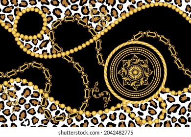Seamless Gold Chains, Leopard skin with Baroque Pattern on Black.Vector Illustration.
