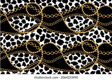 Seamless gold chains, leopard skin pattern. Vector design for fashion print and background.