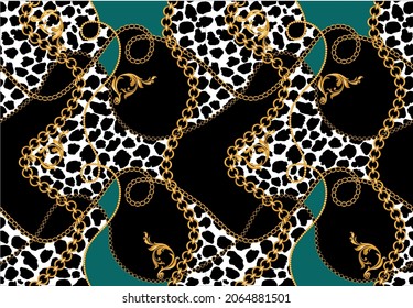 Seamless gold chains, leopard skin pattern. Vector design for fashion print and background.