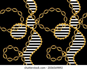 Seamless Gold Chains with Striped Pattern on Black. Vector Illustration.
