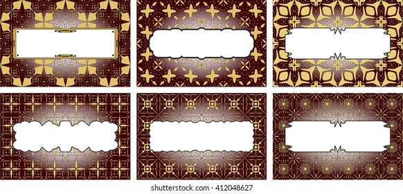 seamless gold color pattern on dark red background. with frame for text. Vector Image. Graphic arts, design, game industry.
