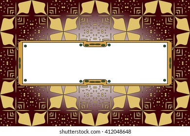 seamless gold color pattern on dark red background. with frame for text. Vector Image. Graphic arts, design, game industry.