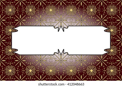 seamless gold color pattern on dark red background. with frame for text. Vector Image. Graphic arts, design, game industry.