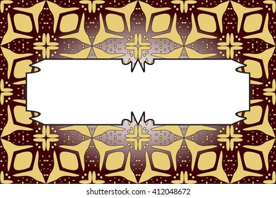 seamless gold color pattern on dark red background. with frame for text. Vector Image. Graphic arts, design, game industry.