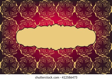 seamless gold color pattern on dark red background. with frame for text. Vector Image. Graphic arts, design, game industry.