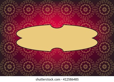 seamless gold color pattern on dark red background. with frame for text. Vector Image. Graphic arts, design, game industry.