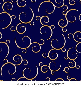 Seamless gold and dark blue background. Pattern of spirals. Vector design.