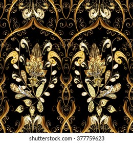 Seamless gold floral pattern on the black background