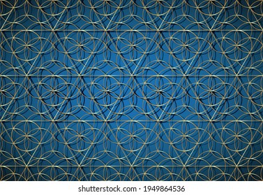 Seamless gold Flower of life symbol on blue background, Sacred Geometry. 3D Golden Geometric mystic mandala of alchemy esoteric Seed of Life in line art. Vector luxury template