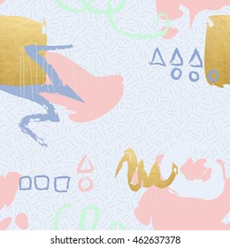 Seamless gold foil abstract background on pastel blue texture. Creative, hand drawn template. Paint splash, expressive, colorful wallpaper. Simple, minimal, scandinavian style pattern. 