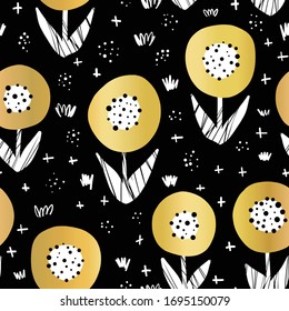 Seamless gold foil flowers vector pattern. Metallic shiny golden florals on black repeating pattern. Botanical minimalistic doodle flowers. Elegant background.