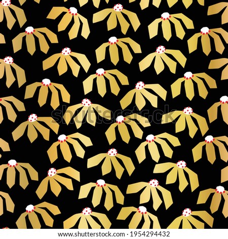 Seamless gold foil flowers vector pattern. Metallic shiny golden florals on black repeating pattern. Botanical minimalistic doodle flowers. Elegant background.