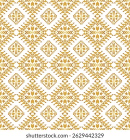 Nahtloses Gold geometrische ethnische Muster. Abstrakte ethnische geometrische Muster Design für Stoff, Fliesen, Kleidung, Teppich, Stickerei und Hintergrund. Vektorgeometrische Goldfarbe und weißer Hintergrund.      