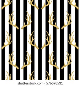 seamless gold glitter antler pattern on stripe background