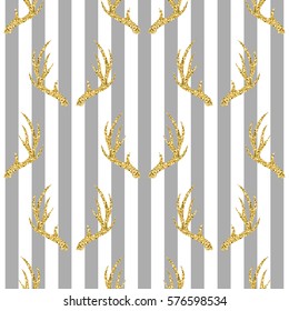seamless gold glitter antler pattern on grey stripe background